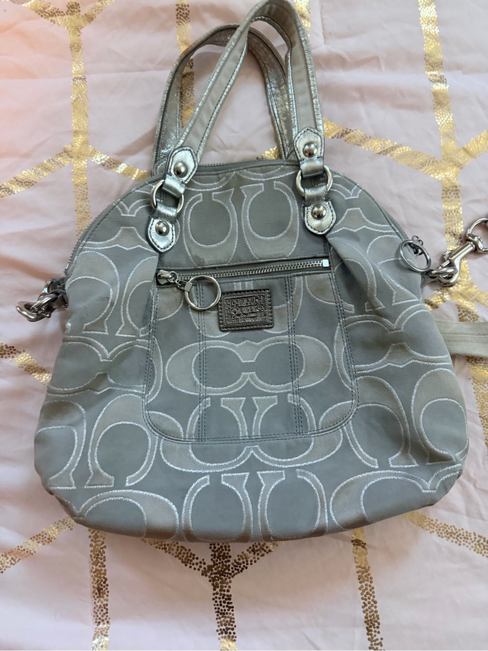 Coach Silver-Gray Signature Shoulder Bag